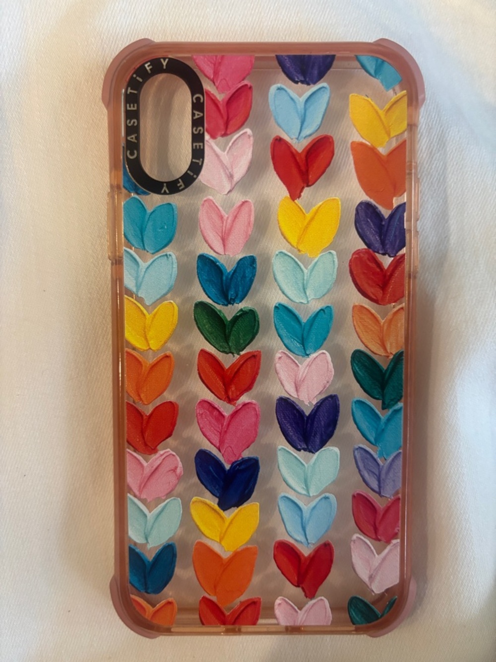 Casetify Clear Case with Multicolor Painted Hearts and Pink Border